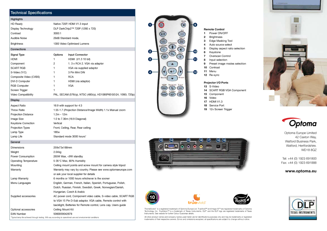 Optoma Technology HD700X manual Technical Specifications, Hdmi, 13 14 15 16 17 18 