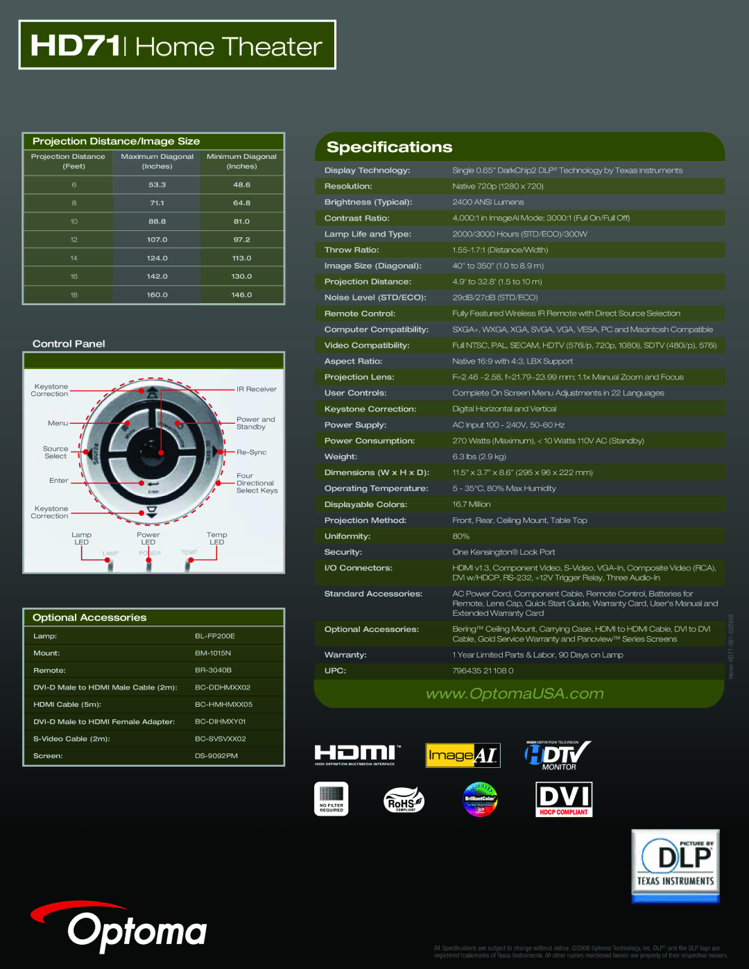 Optoma Technology HD71 manual Specifications, Projection Distance/Image Size, Control Panel, Optional Accessories, Upc 