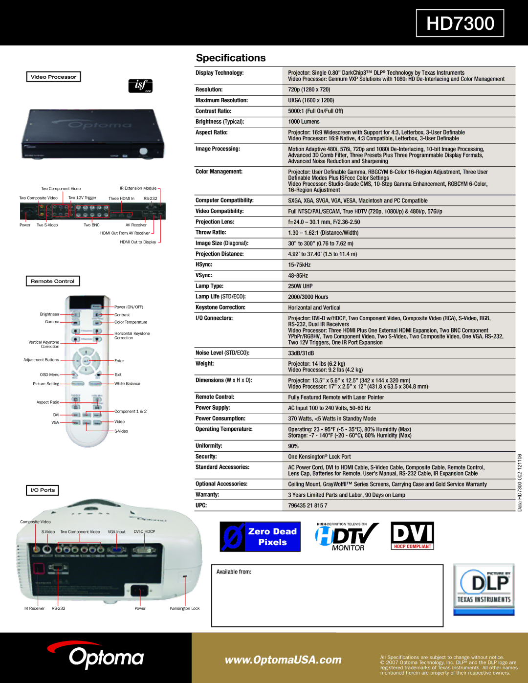 Optoma Technology HD7300 Display Technology, Maximum Resolution, Contrast Ratio, Brightness Typical, Aspect Ratio 