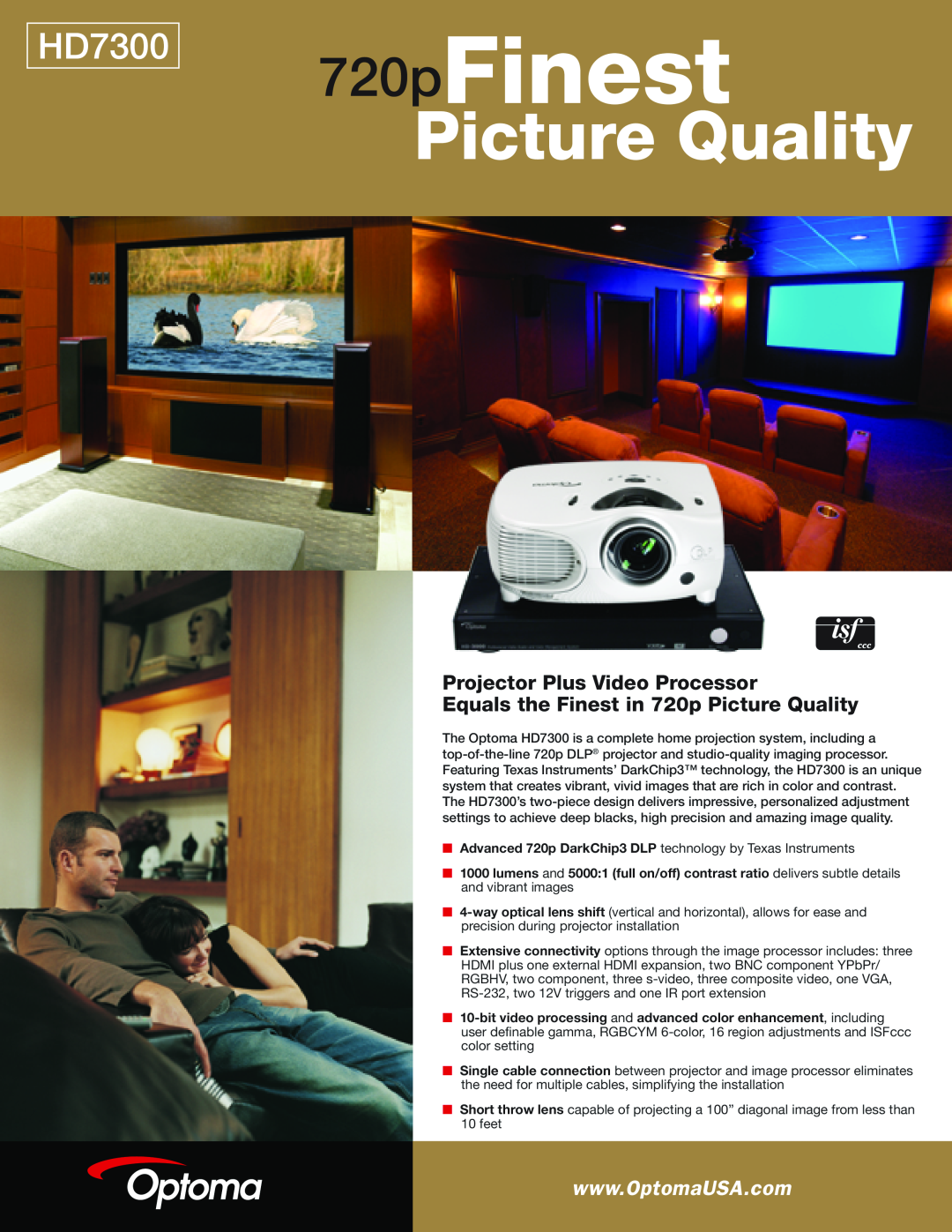 Optoma Technology HD7300 manual 720pFinest, Picture Quality, Projector Plus Video Processor 