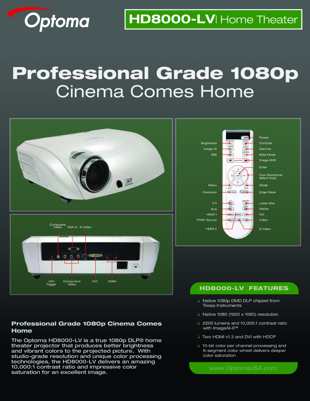 Optoma Technology HD8000-LV manual Professional Grade 1080p 