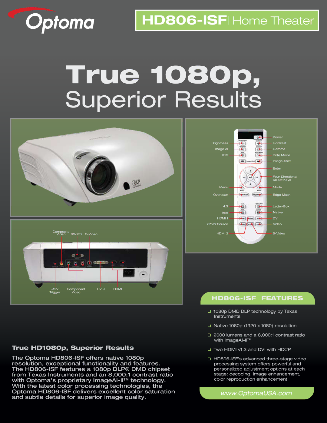 Optoma Technology HD806-ISF manual True 1080p 