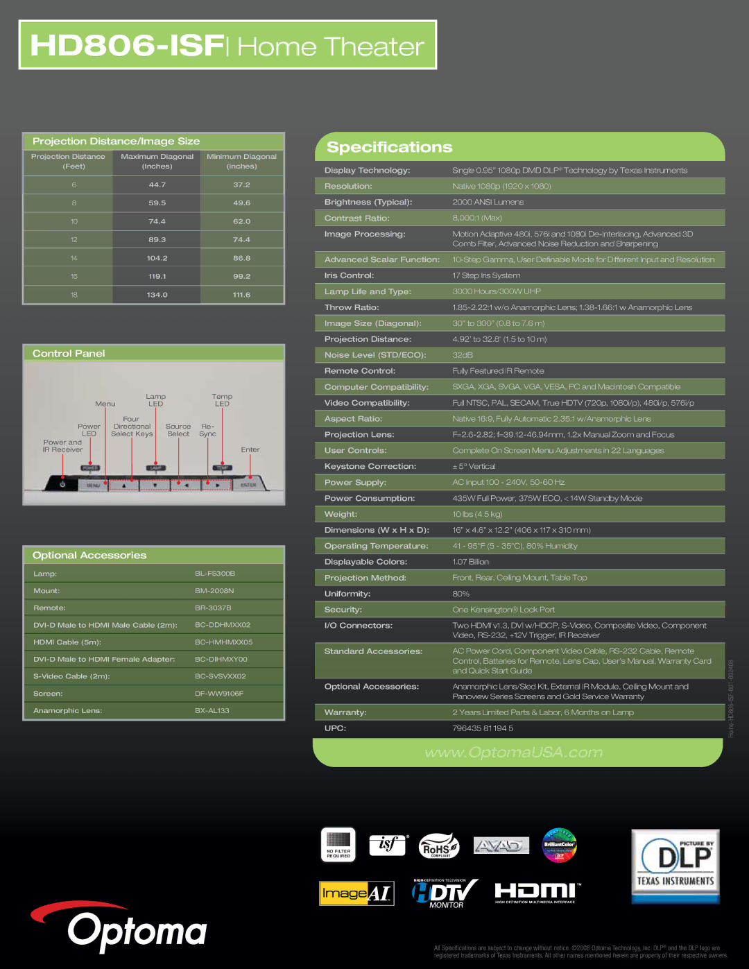 Optoma Technology HD806-ISF manual Projection Distance/Image Size, Control Panel, Optional Accessories 