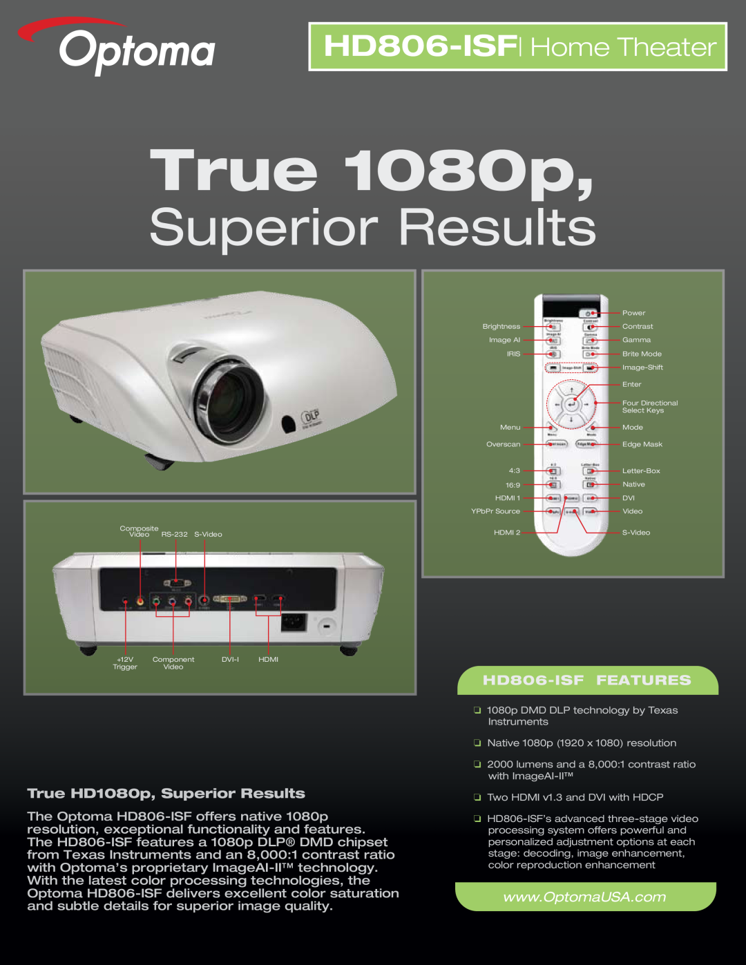 Optoma Technology manual HD806-ISF Home Theater, True 1080p, True HD1080p, Superior Results, HD806-ISF FEATURES 