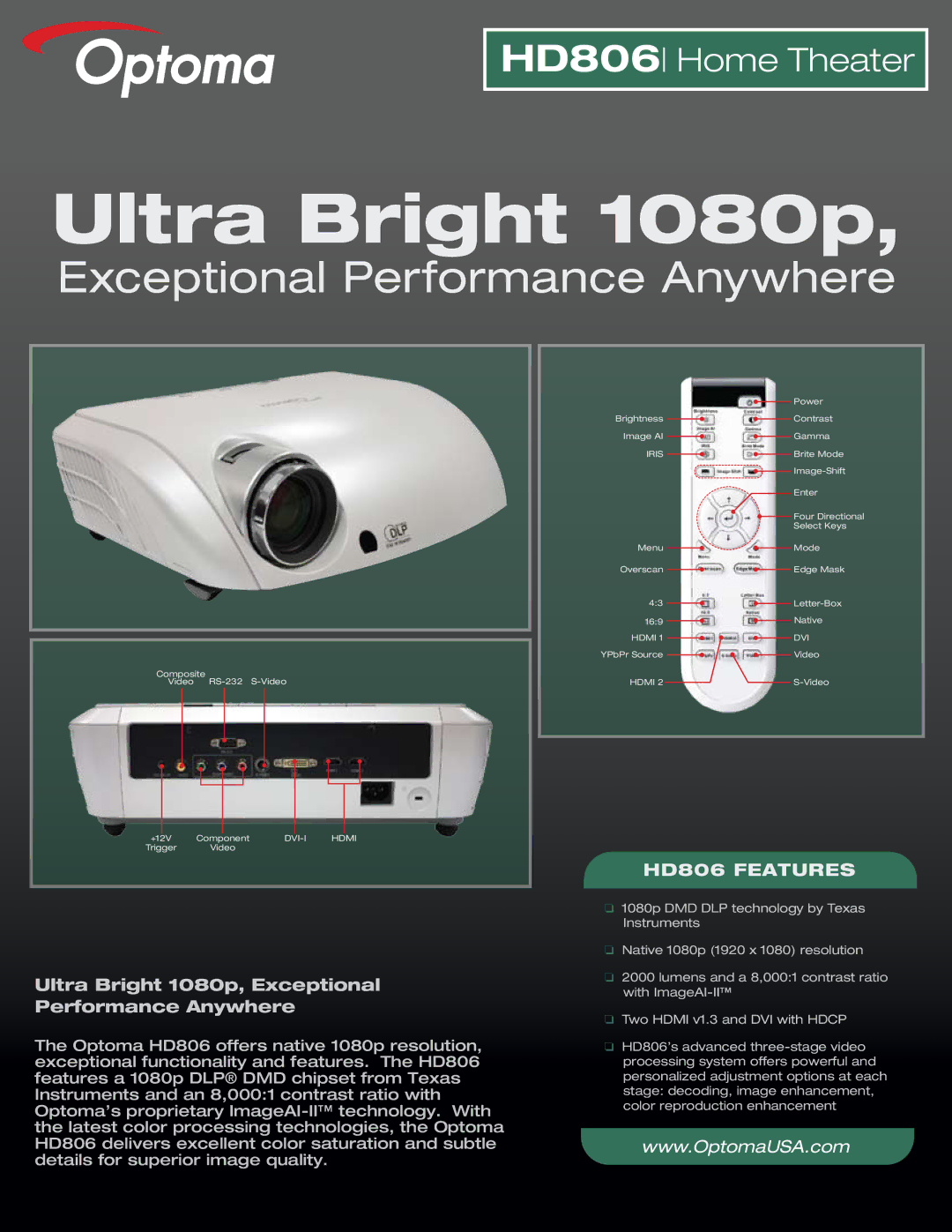 Optoma Technology manual Ultra Bright 1080p, Exceptional Performance Anywhere, HD806 Features 