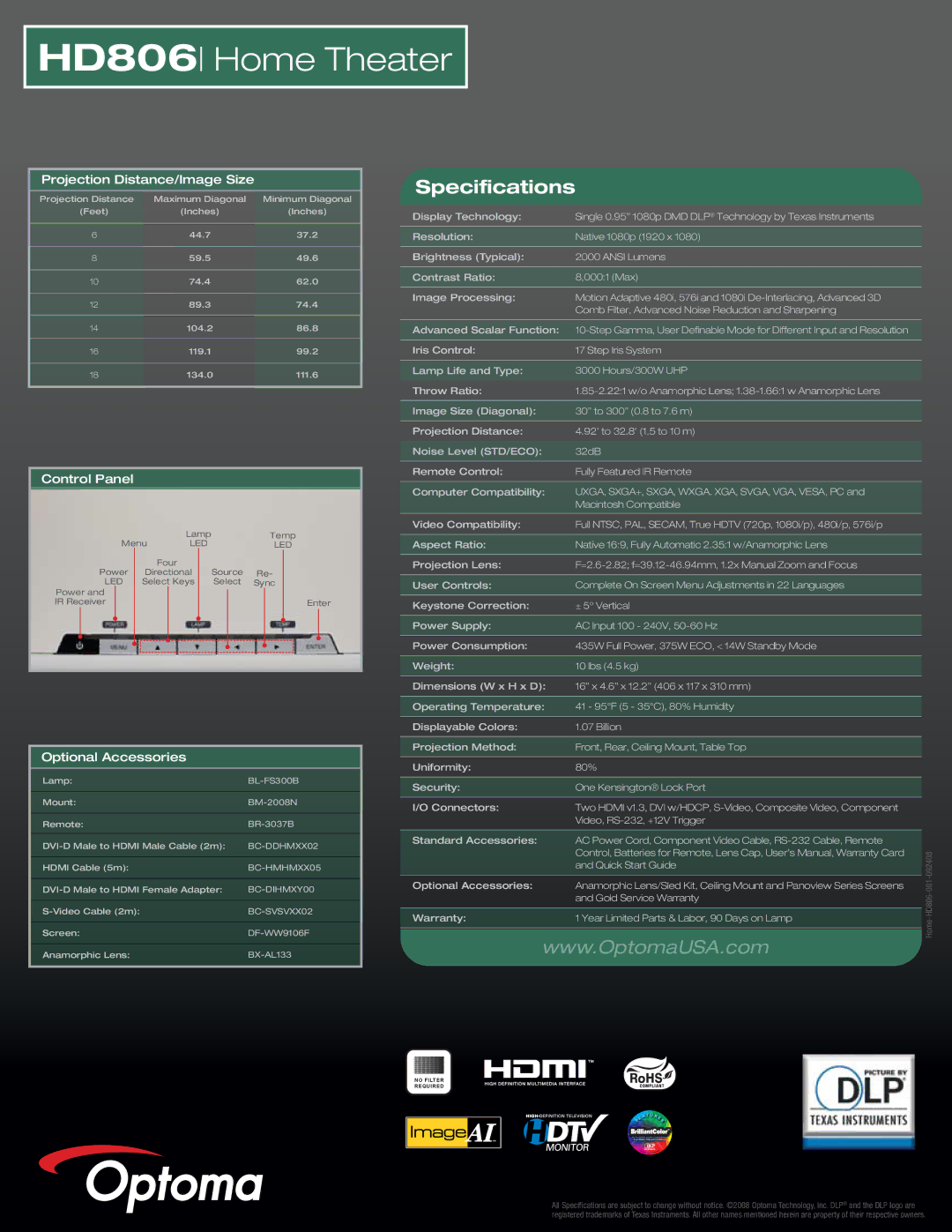 Optoma Technology HD806 manual Specifications, Projection Distance/Image Size, Control Panel, Optional Accessories 