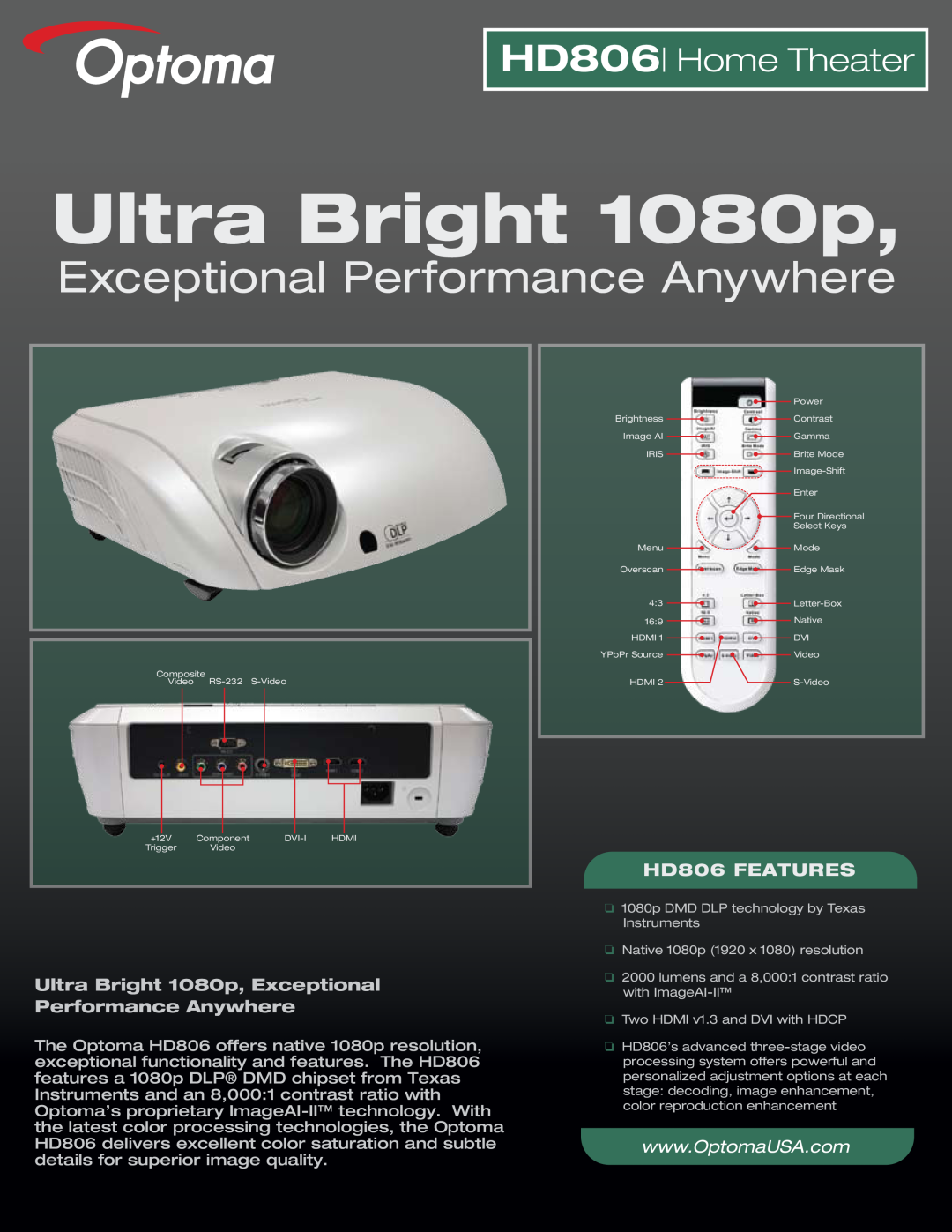Optoma Technology manual HD806 Home Theater, Ultra Bright 1080p, Exceptional Performance Anywhere, HD806 FEATURES 