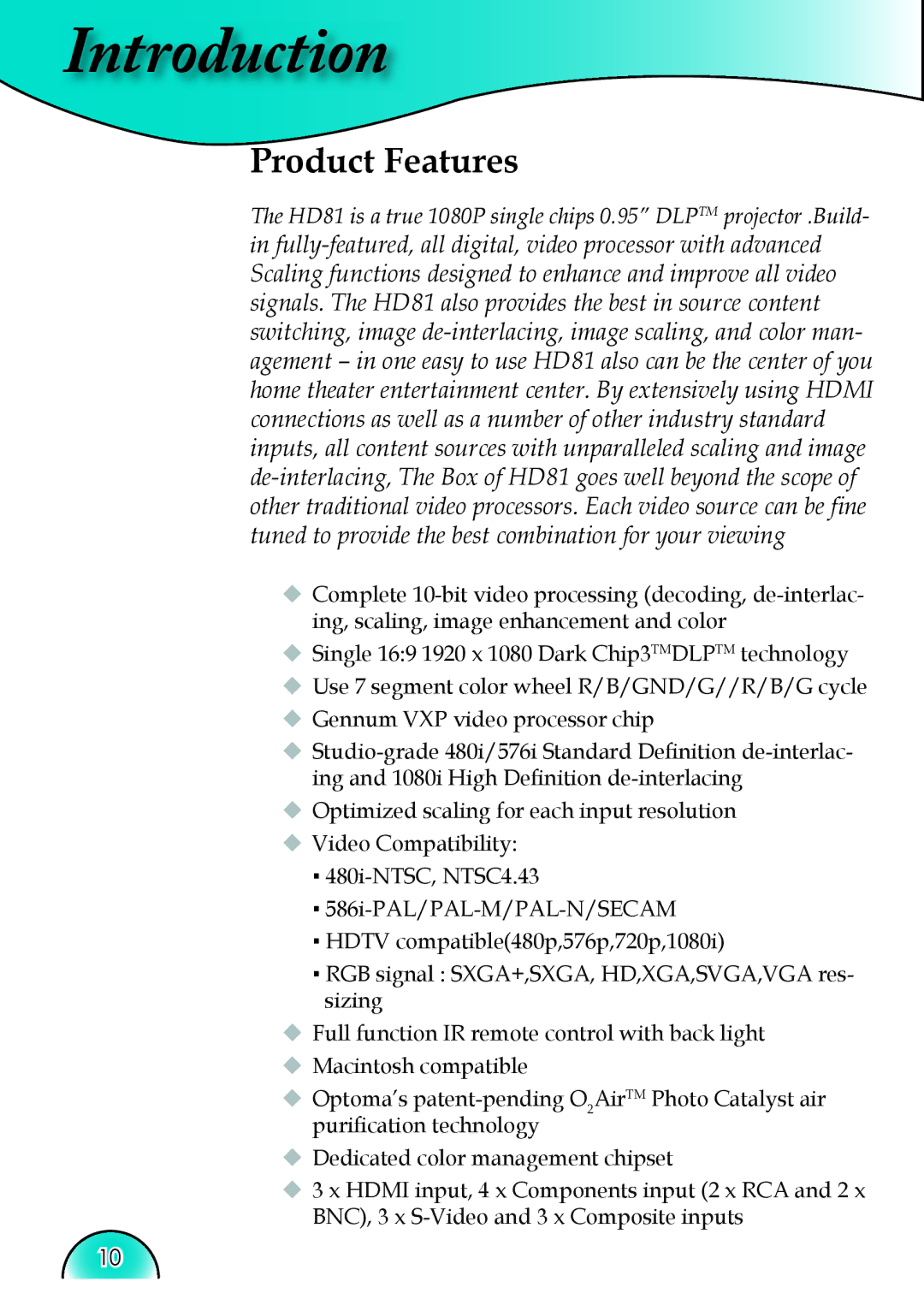 Optoma Technology HD81 manual Introduction, Product Features 