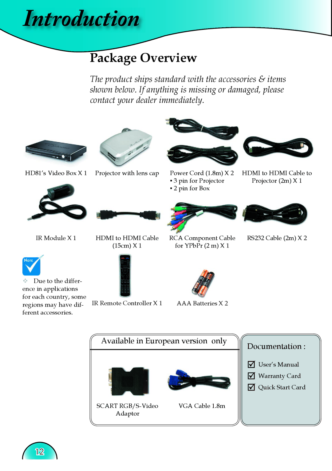 Optoma Technology HD81 manual Package Overview, Available in European version only Documentation 