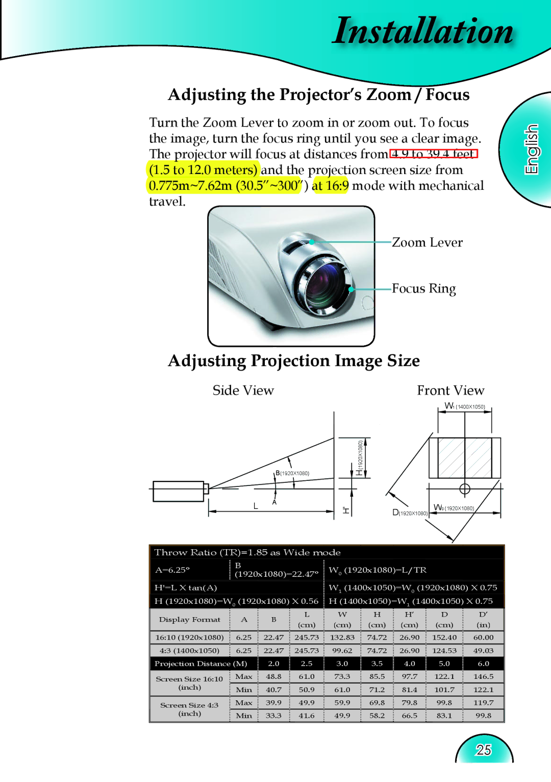 Optoma Technology HD81 manual Adjusting the Projector’s Zoom / Focus, Adjusting Projection Image Size 