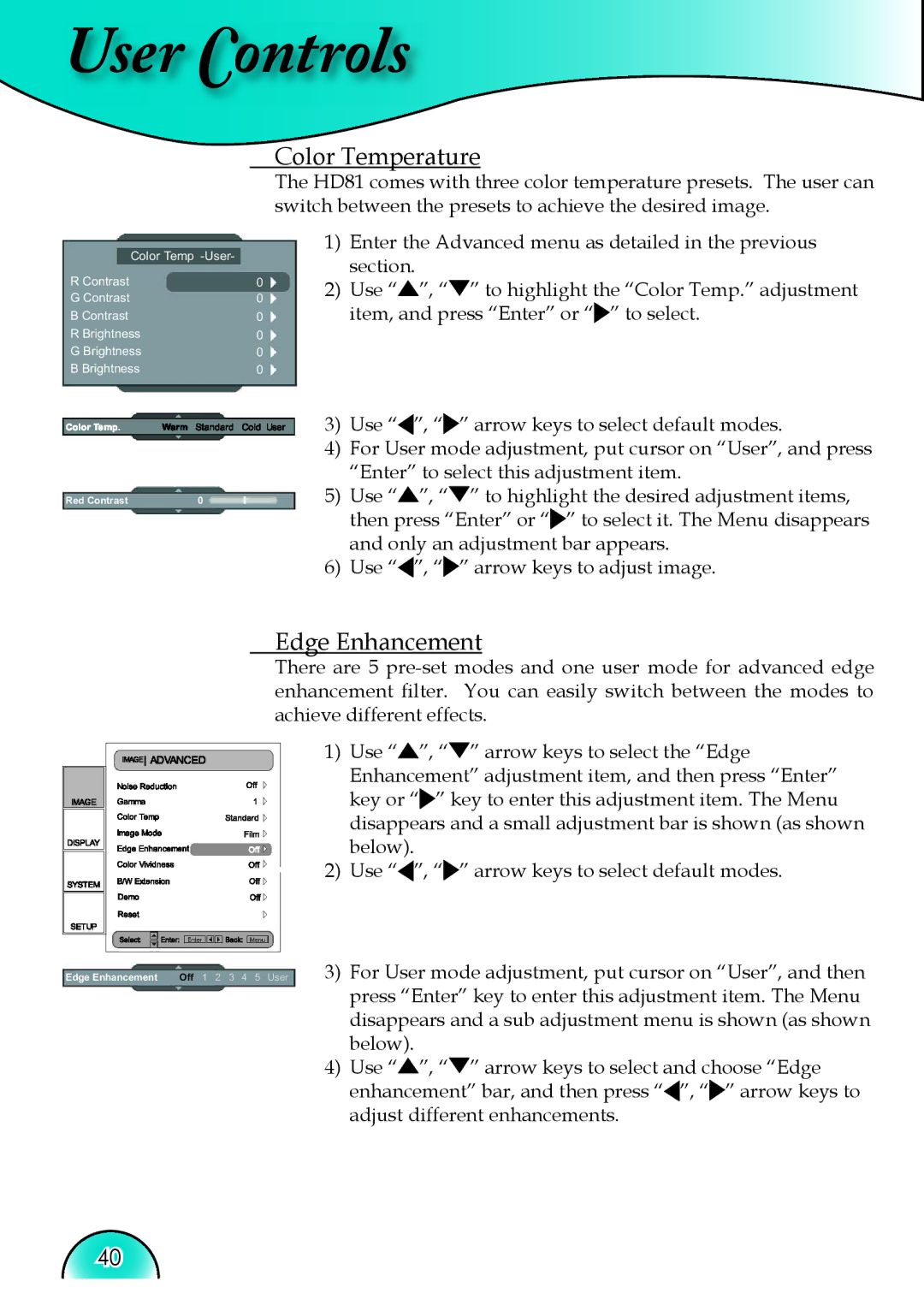 Optoma Technology HD81 manual Color Temperature, Edge Enhancement 