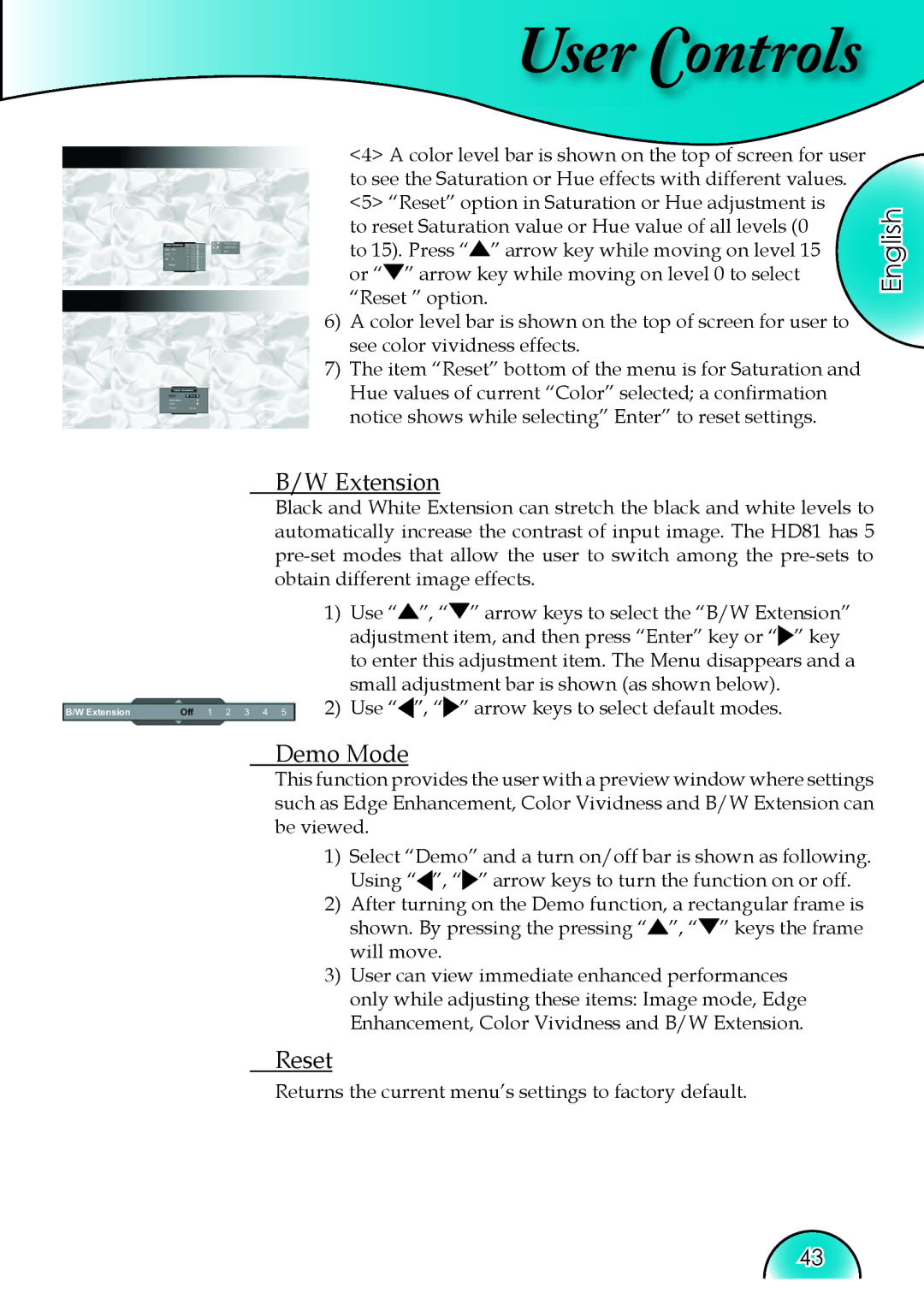 Optoma Technology HD81 manual Extension, Demo Mode 