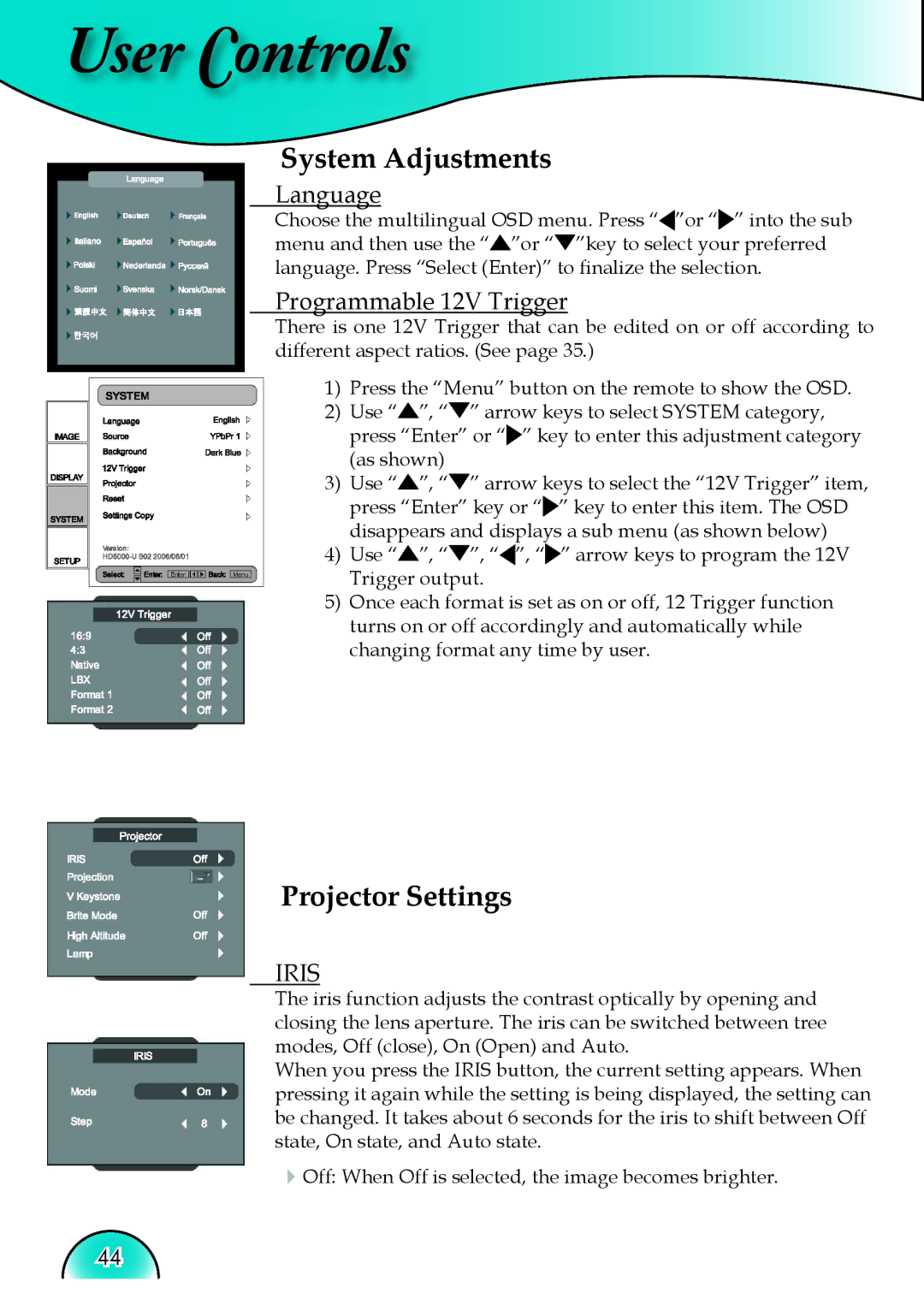 Optoma Technology HD81 manual System Adjustments, Projector Settings, Language, Programmable 12V Trigger 