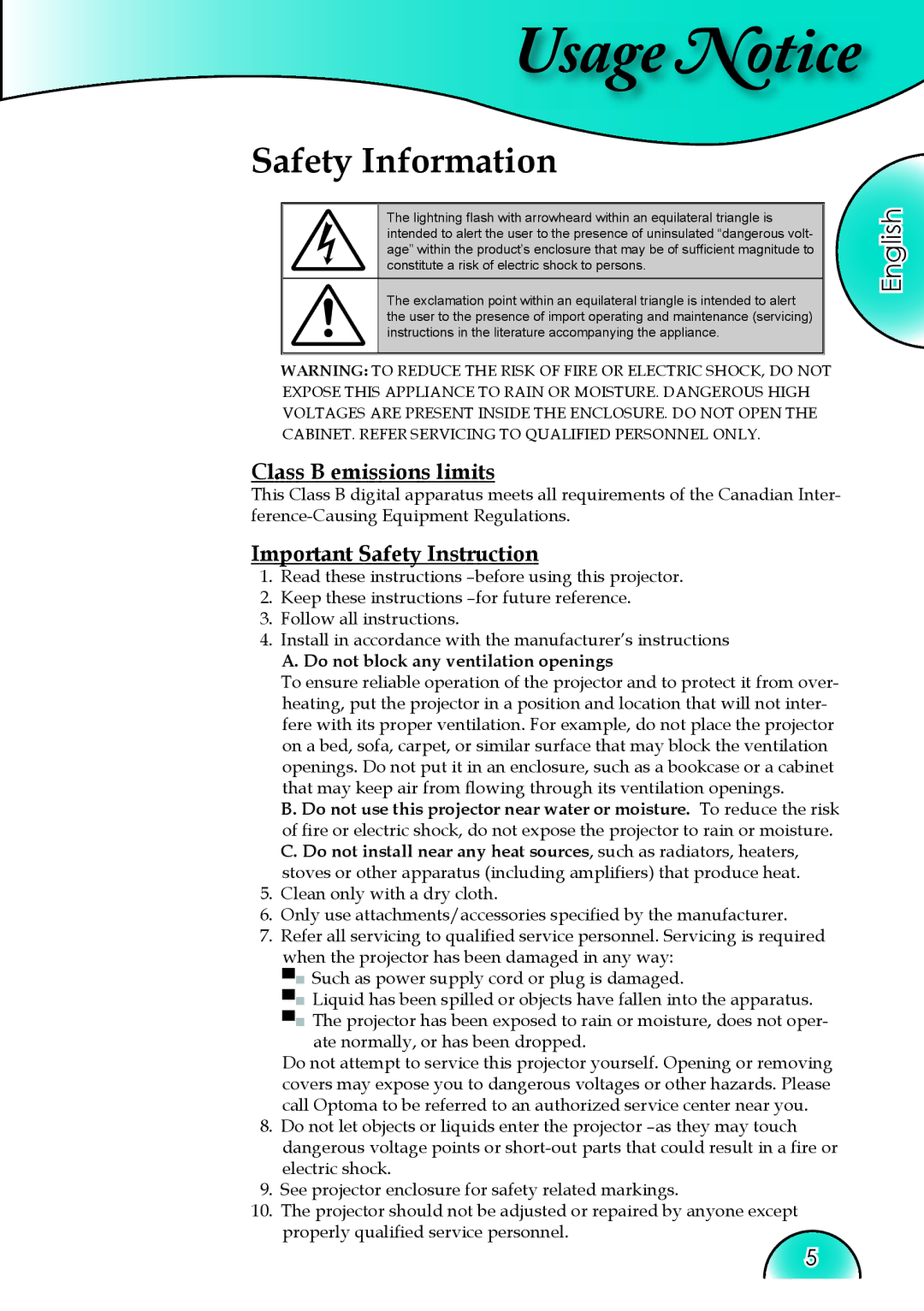 Optoma Technology HD81 manual Safety Information, Class B emissions limits, Important Safety Instruction 