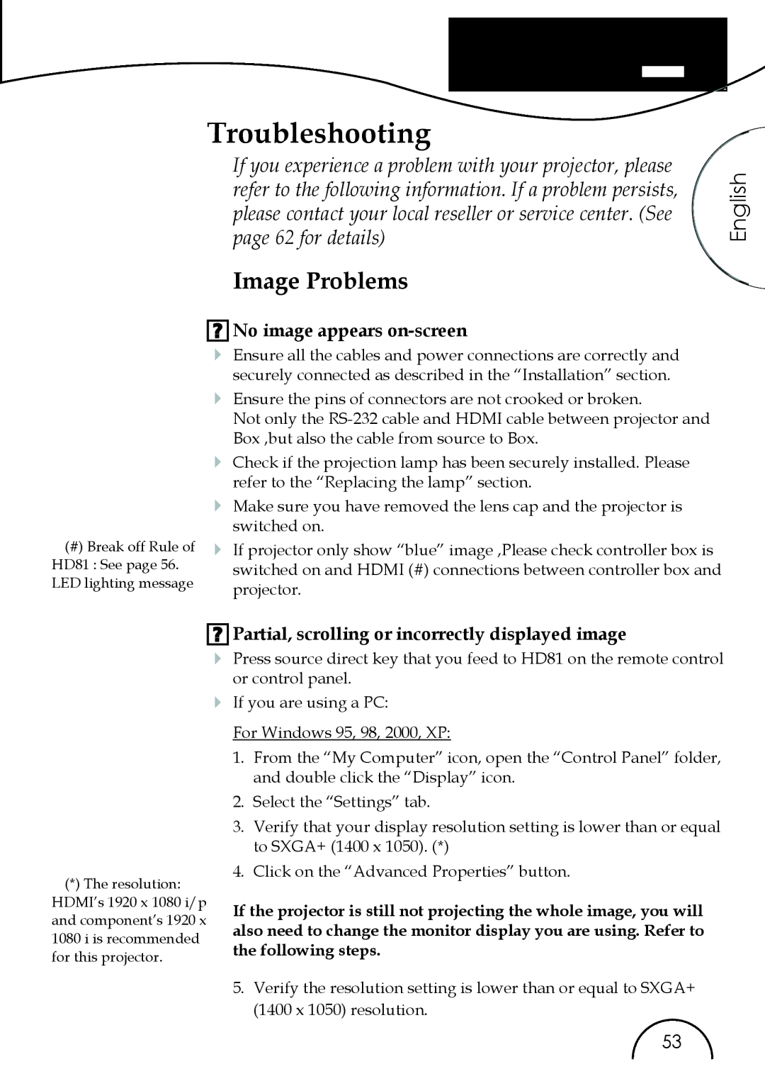 Optoma Technology HD81 manual Image Problems, No image appears on-screen 