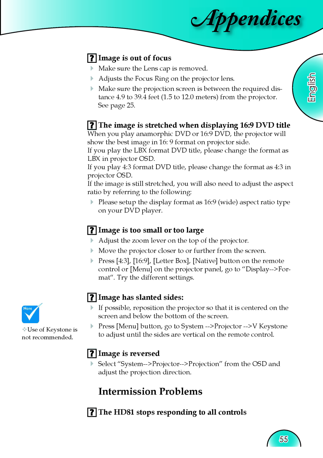 Optoma Technology HD81 manual Intermission Problems 