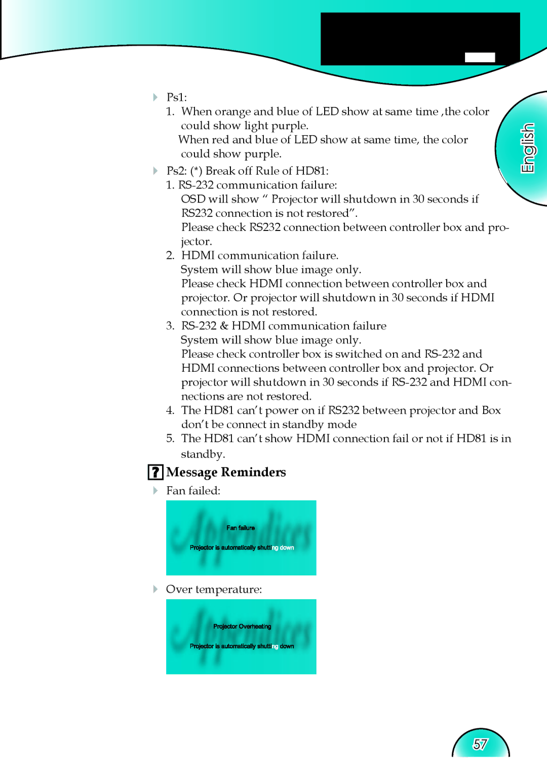 Optoma Technology HD81 manual Message Reminders 