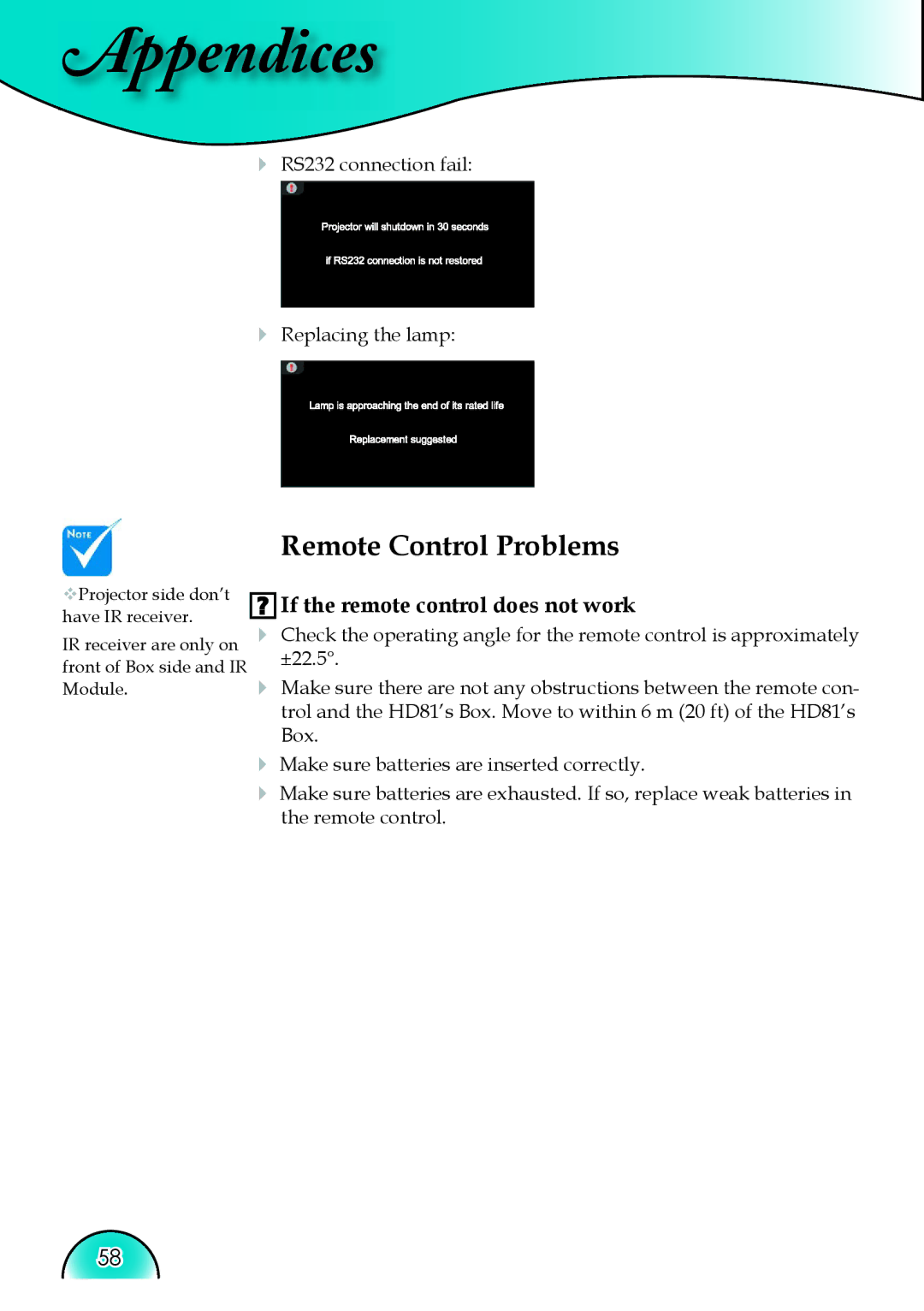 Optoma Technology HD81 manual Remote Control Problems, If the remote control does not work 