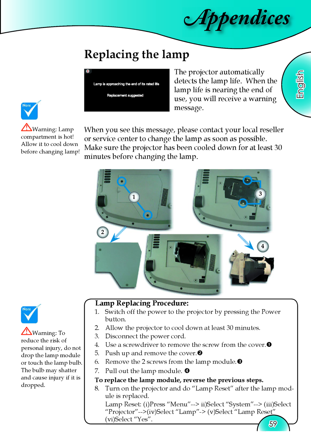 Optoma Technology HD81 manual Replacing the lamp, Lamp Replacing Procedure 