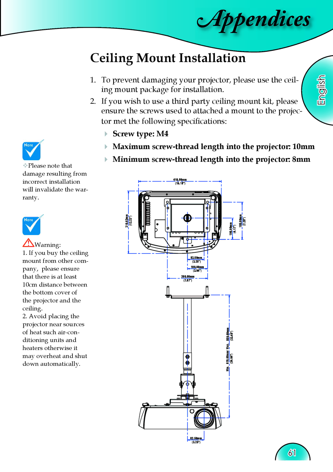 Optoma Technology HD81 manual Ceiling Mount Installation 