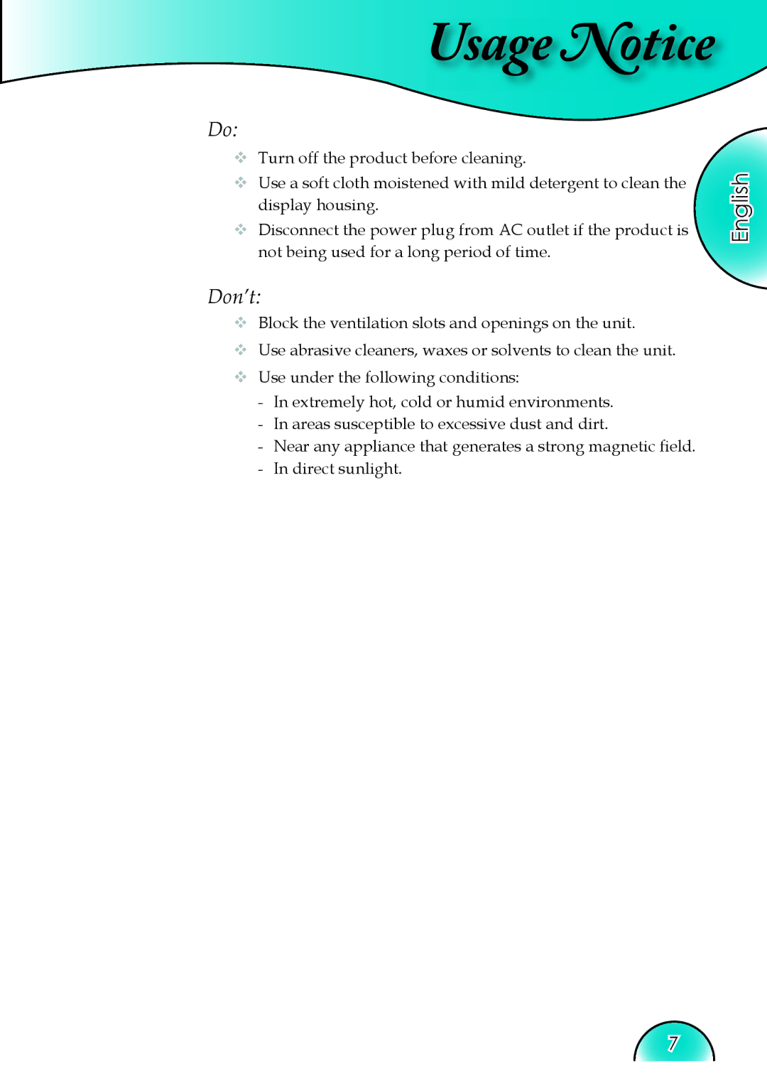 Optoma Technology HD81 manual Don’t 