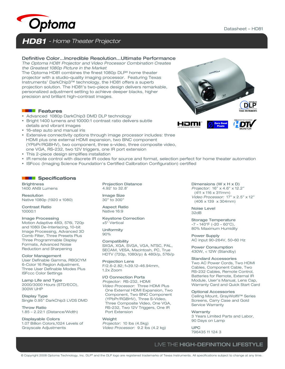 Optoma Technology specifications HD81 - Home Theater Projector, Live The High-Definition Lifestyle, Features 