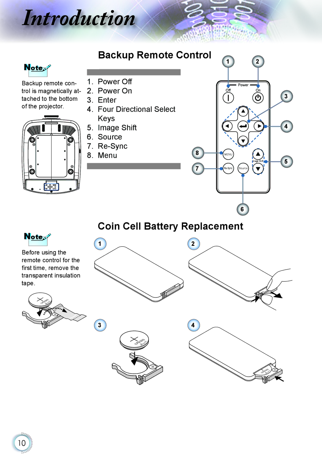 Optoma Technology HD82 manual Backup Remote Control, Coin Cell Battery Replacement, Menu 