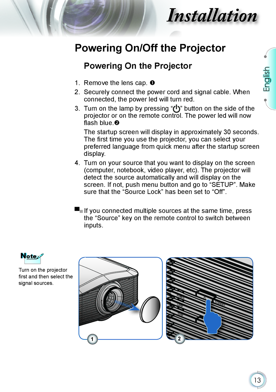 Optoma Technology HD82 manual Powering On/Off the Projector, Powering On the Projector 