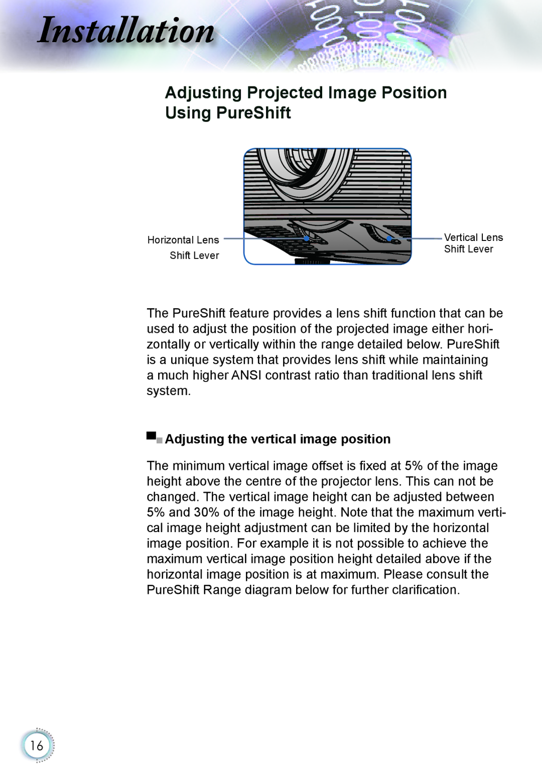 Optoma Technology HD82 manual Adjusting Projected Image Position Using PureShift, Adjusting the vertical image position 