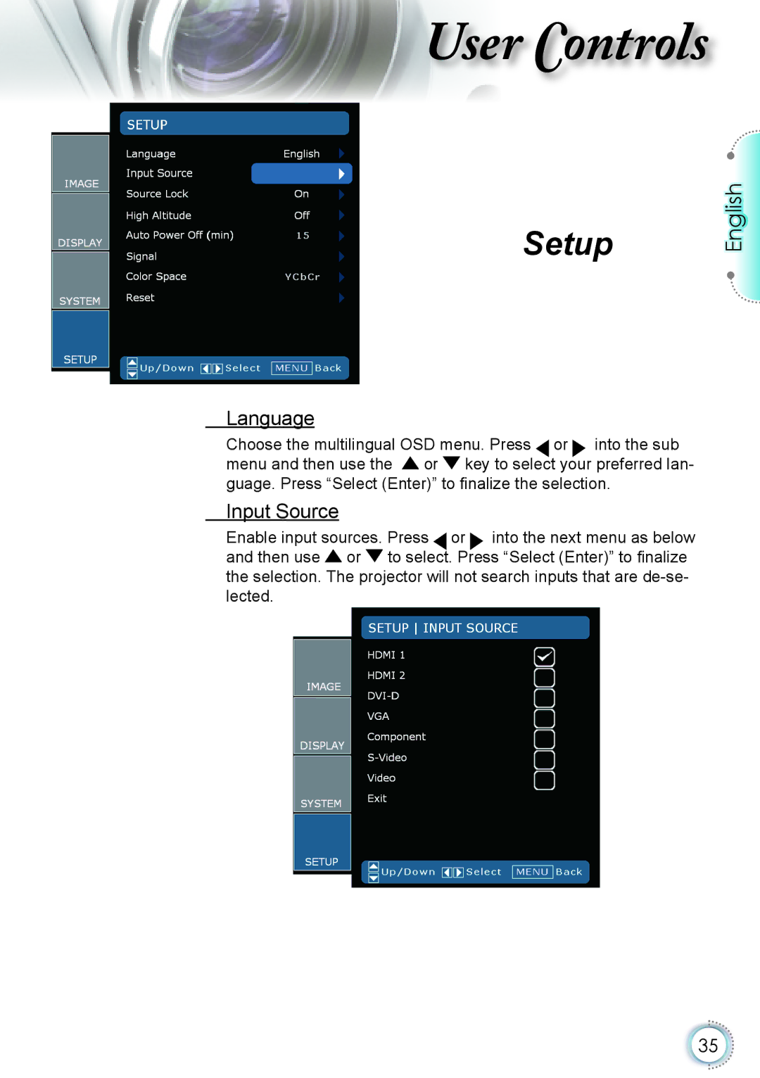 Optoma Technology HD82 manual Setup, Language, Input Source 