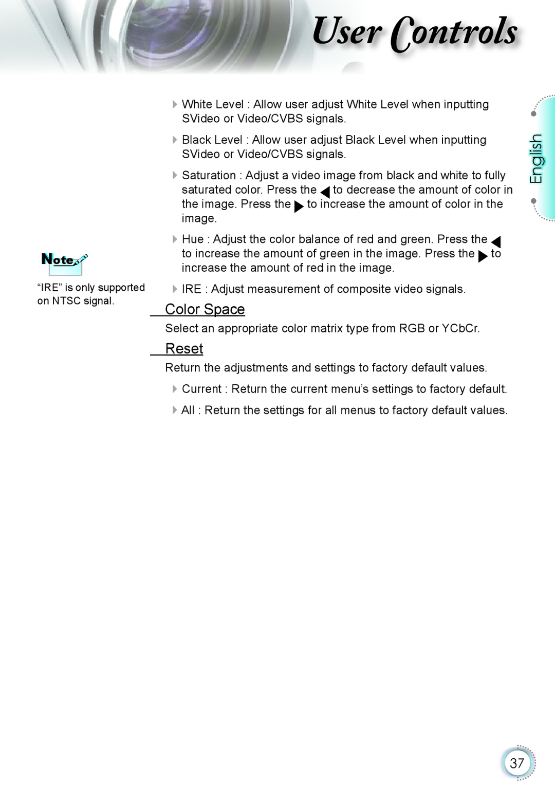 Optoma Technology HD82 manual Reset 