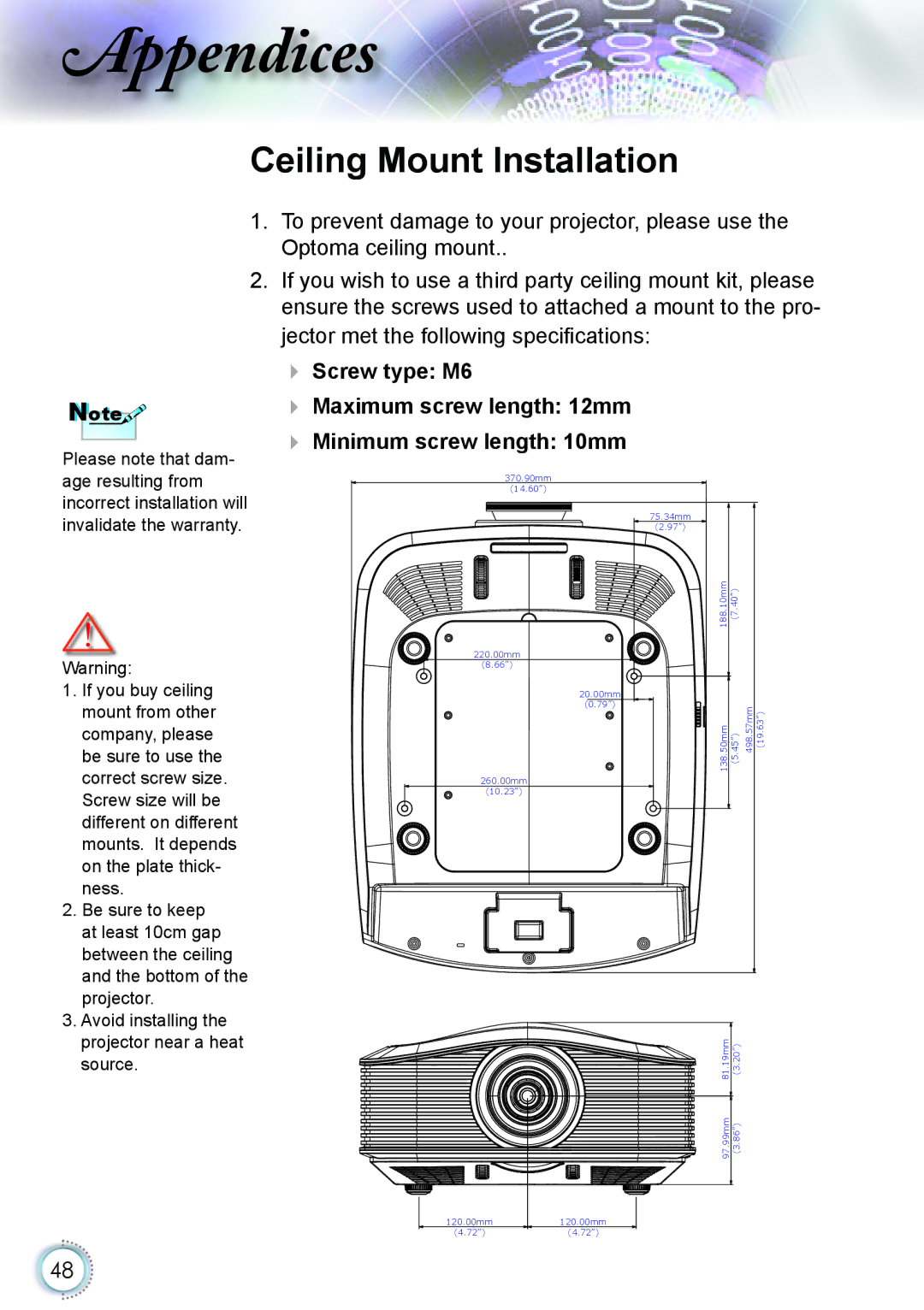 Optoma Technology HD82 manual Ceiling Mount Installation,  Screw type M6  Maximum screw length 12mm 