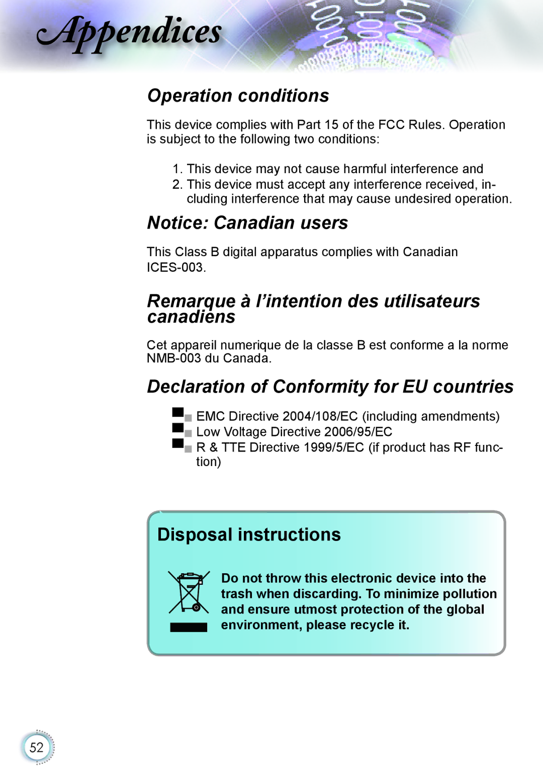 Optoma Technology HD82 manual Remarque à l’intention des utilisateurs canadiens 