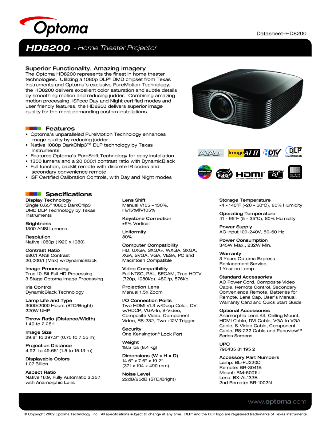 Optoma Technology specifications HD8200 Home Theater Projector, Superior Functionality, Amazing Imagery, Features 