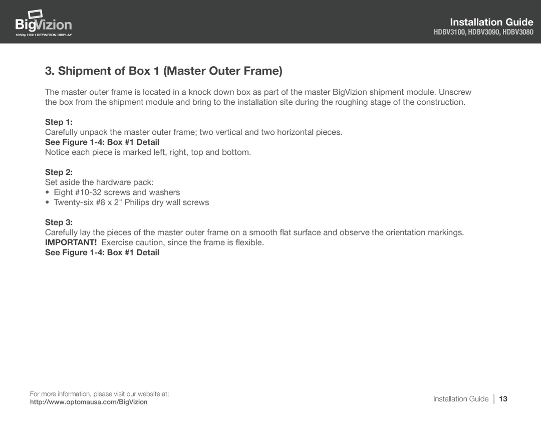 Optoma Technology HDBV3080, HDBV3100, HDBV3090 manual Shipment of Box 1 Master Outer Frame, See -4 Box #1 Detail Step 