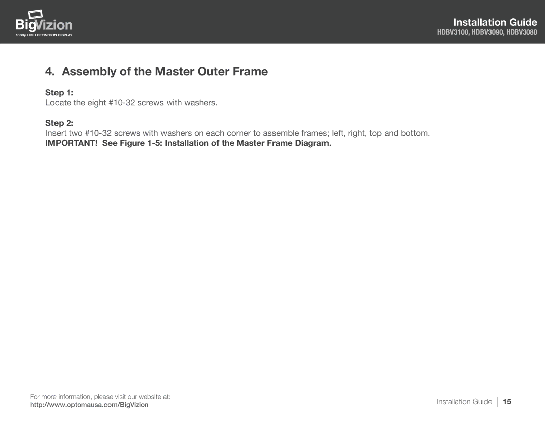 Optoma Technology HDBV3100, HDBV3080, HDBV3090 manual Assembly of the Master Outer Frame 