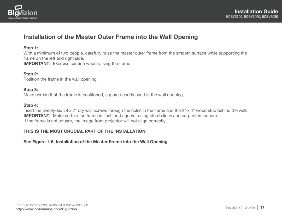 Optoma Technology HDBV3090, HDBV3100, HDBV3080 manual Installation of the Master Outer Frame into the Wall Opening 