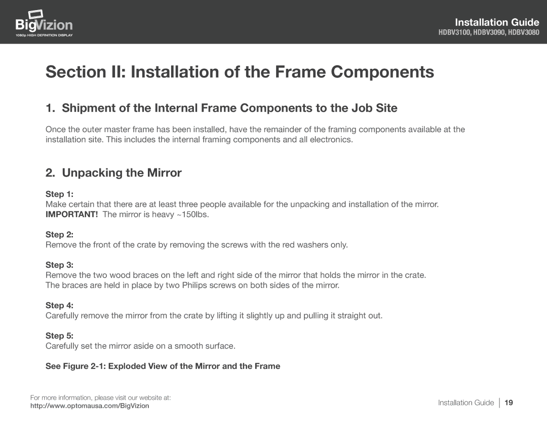 Optoma Technology HDBV3080, HDBV3100, HDBV3090 manual Section II Installation of the Frame Components, Unpacking the Mirror 