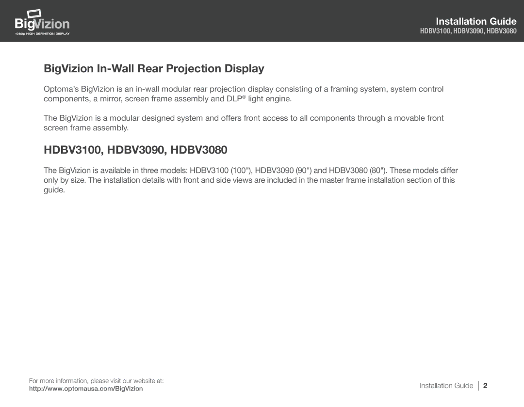 Optoma Technology manual BigVizion In-Wall Rear Projection Display, HDBV3100, HDBV3090, HDBV3080 