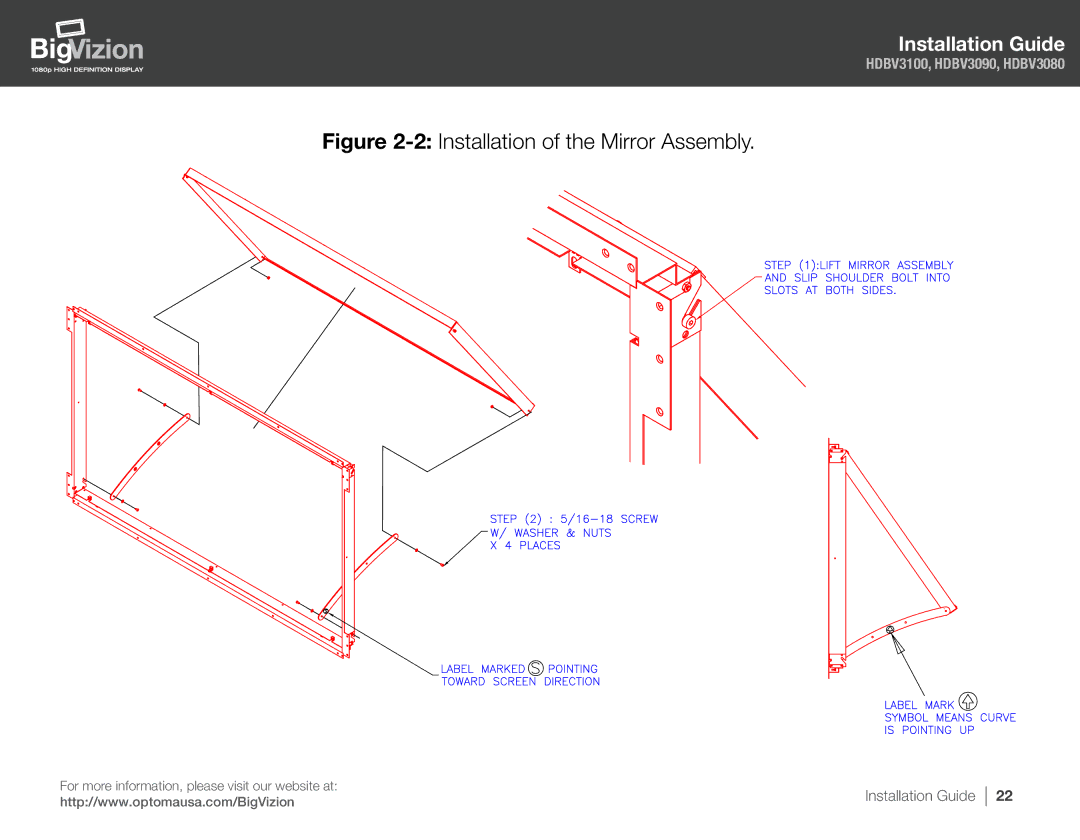 Optoma Technology HDBV3080, HDBV3100, HDBV3090 manual 2Installation of the Mirror Assembly 