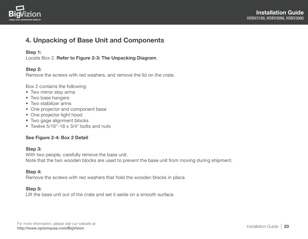 Optoma Technology HDBV3090 Unpacking of Base Unit and Components, Step Locate Box 2. Refer to -3 The Unpacking Diagram 