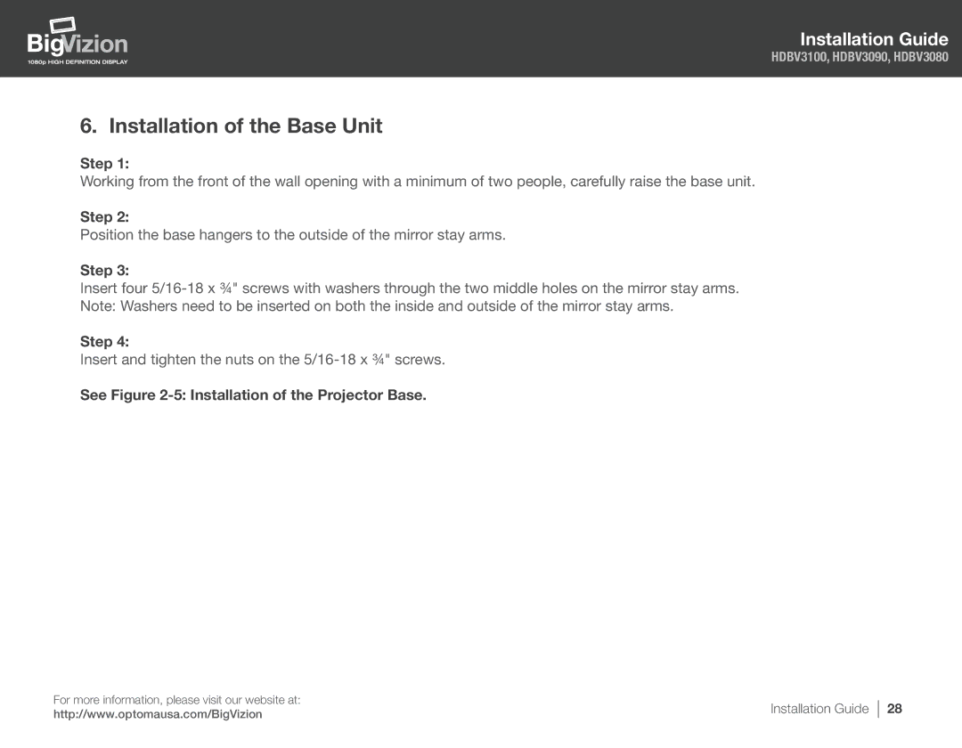 Optoma Technology HDBV3080, HDBV3100, HDBV3090 manual Installation of the Base Unit 