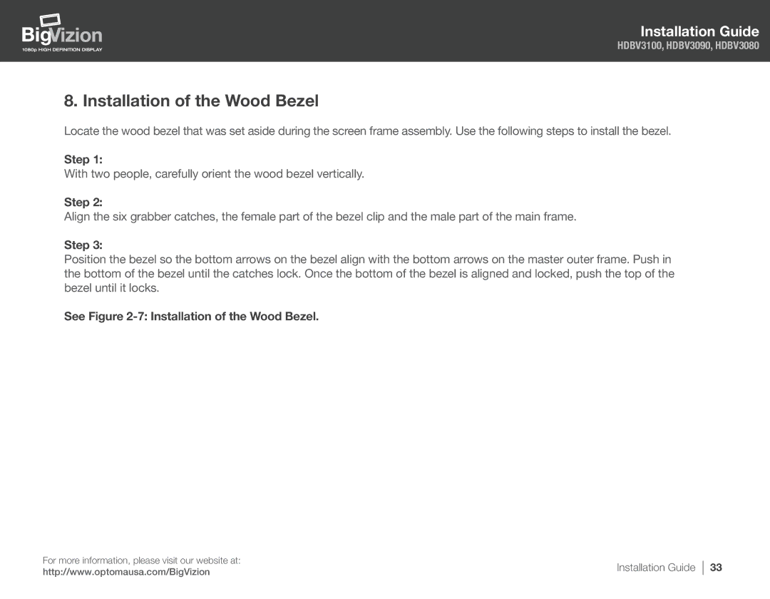 Optoma Technology HDBV3100, HDBV3080, HDBV3090 manual Installation of the Wood Bezel 