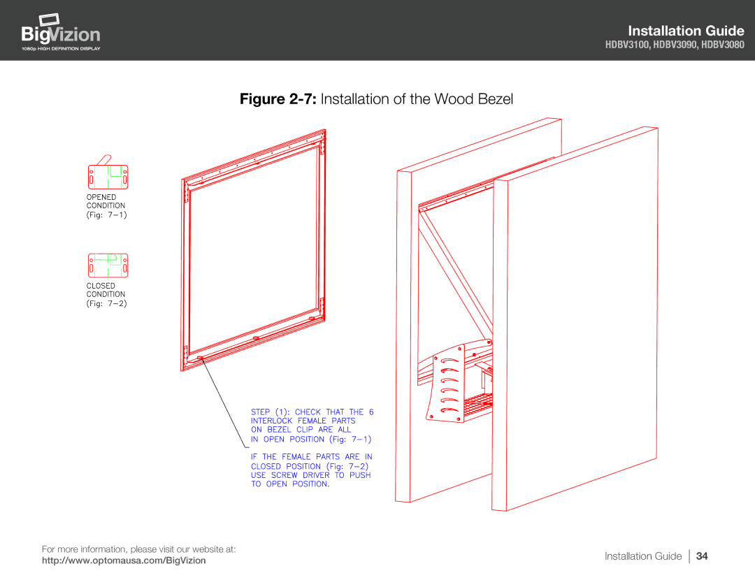 Optoma Technology HDBV3080, HDBV3100, HDBV3090 manual 7Installation of the Wood Bezel 