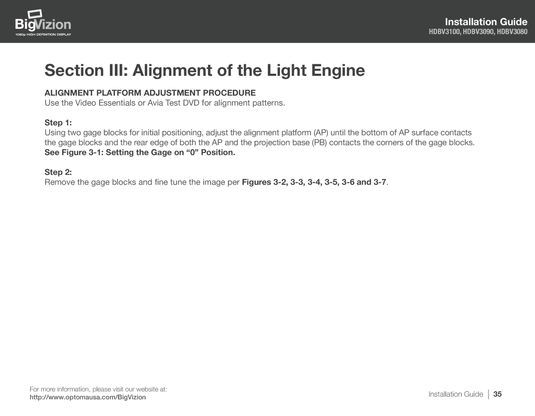 Optoma Technology HDBV3090, HDBV3100 Section III Alignment of the Light Engine, Alignment Platform Adjustment Procedure 