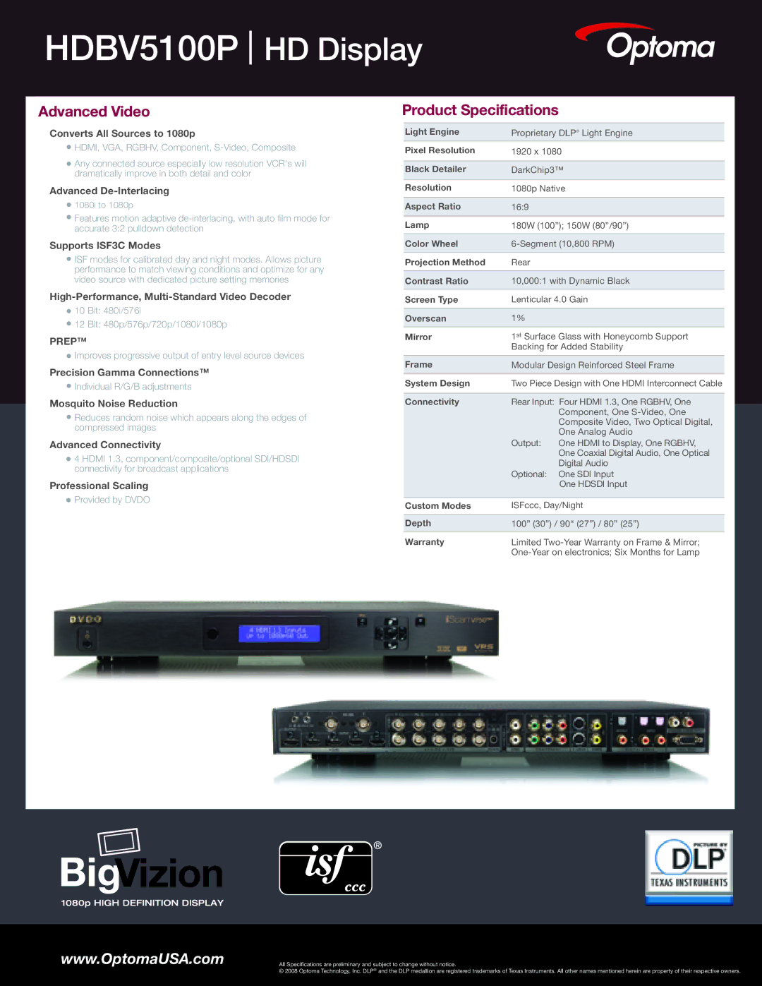 Optoma Technology HDBV5100P manual Advanced Video, Product Specifications 