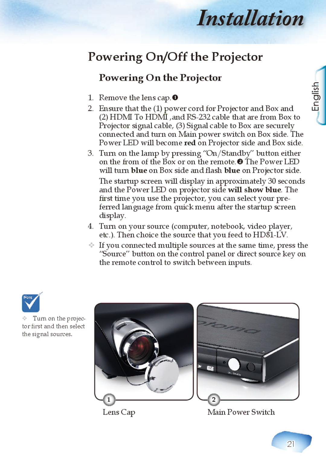 Optoma Technology Home Theatre Projector manuel dutilisation Powering On/Off the Projector, Powering On the Projector 