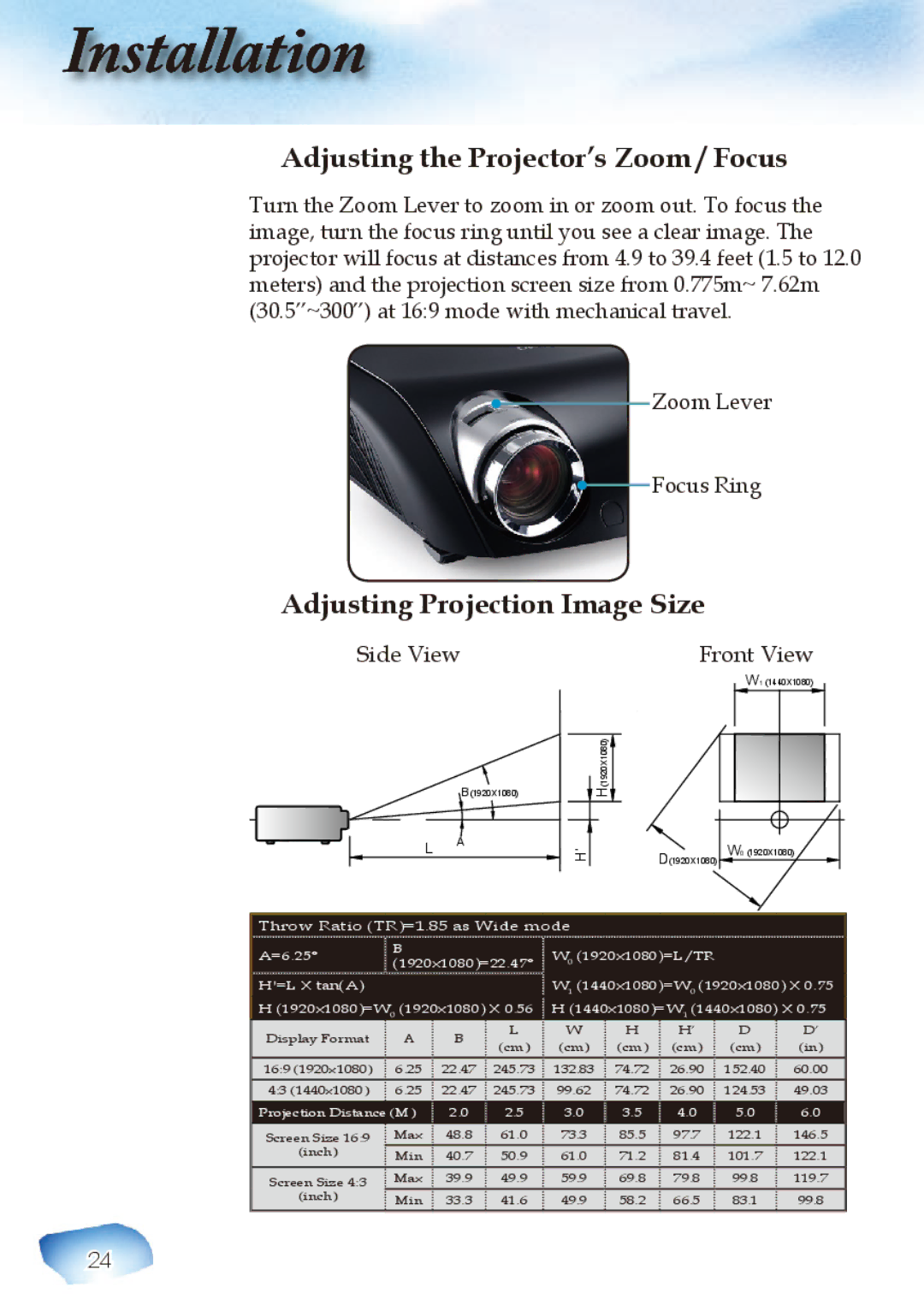 Optoma Technology Home Theatre Projector Adjusting the Projector’s Zoom / Focus, Adjusting Projection Image Size 