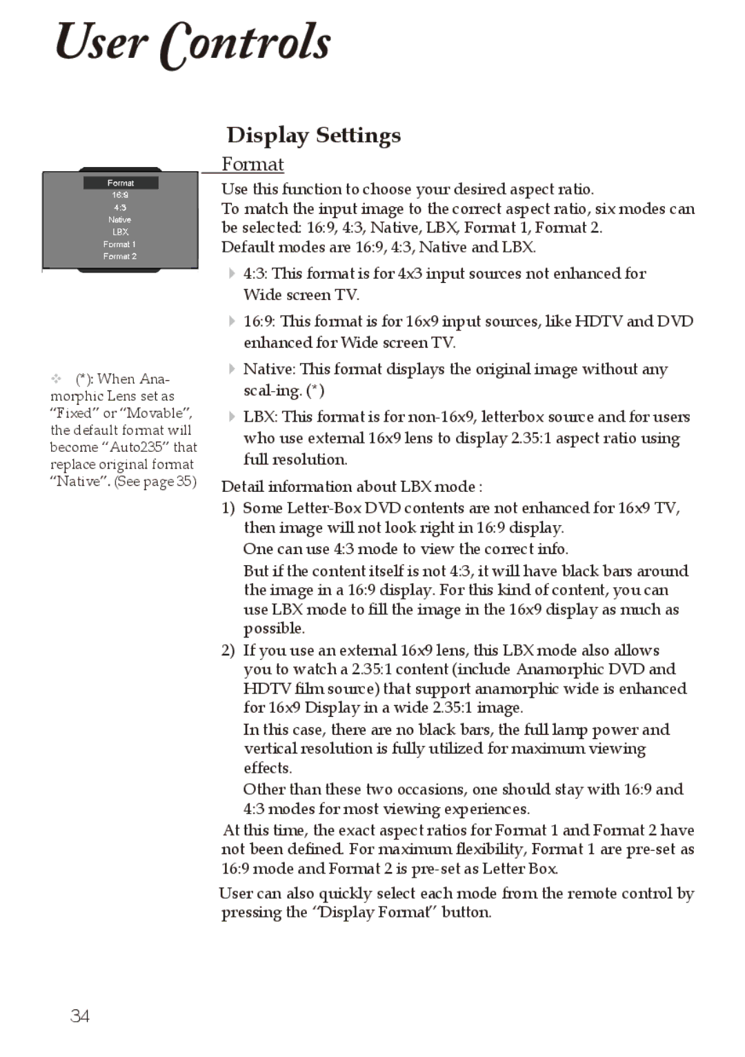 Optoma Technology Home Theatre Projector manuel dutilisation Display Settings, Format 