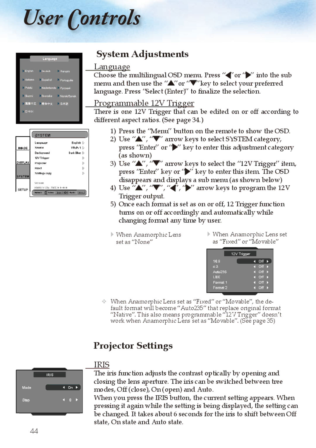 Optoma Technology Home Theatre Projector System Adjustments, Projector Settings, Language, Programmable 12V Trigger 